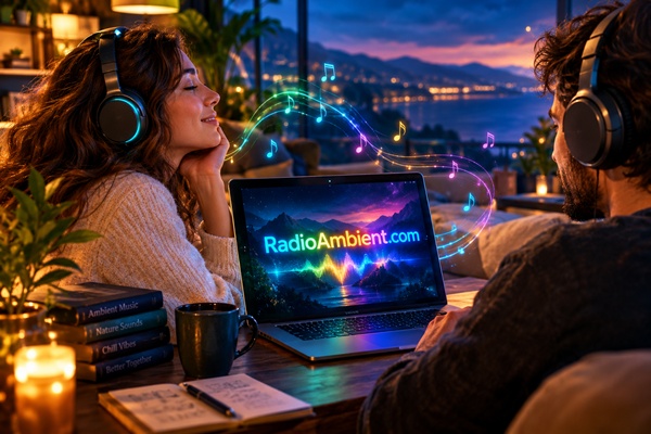 Radio Ambient Logo, RadioAmbient.com ambient music experience with a man and woman listening to music on a laptop surrounded by colorful musical notes
